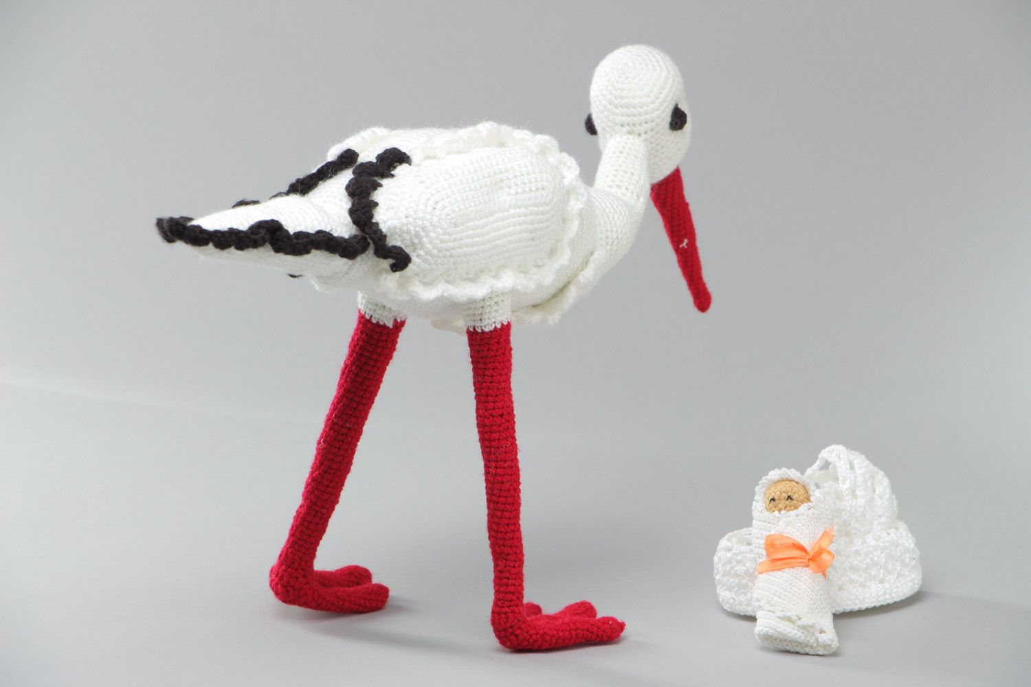 Handmade crochet soft toy for childbirth Stork with Baby photo 4