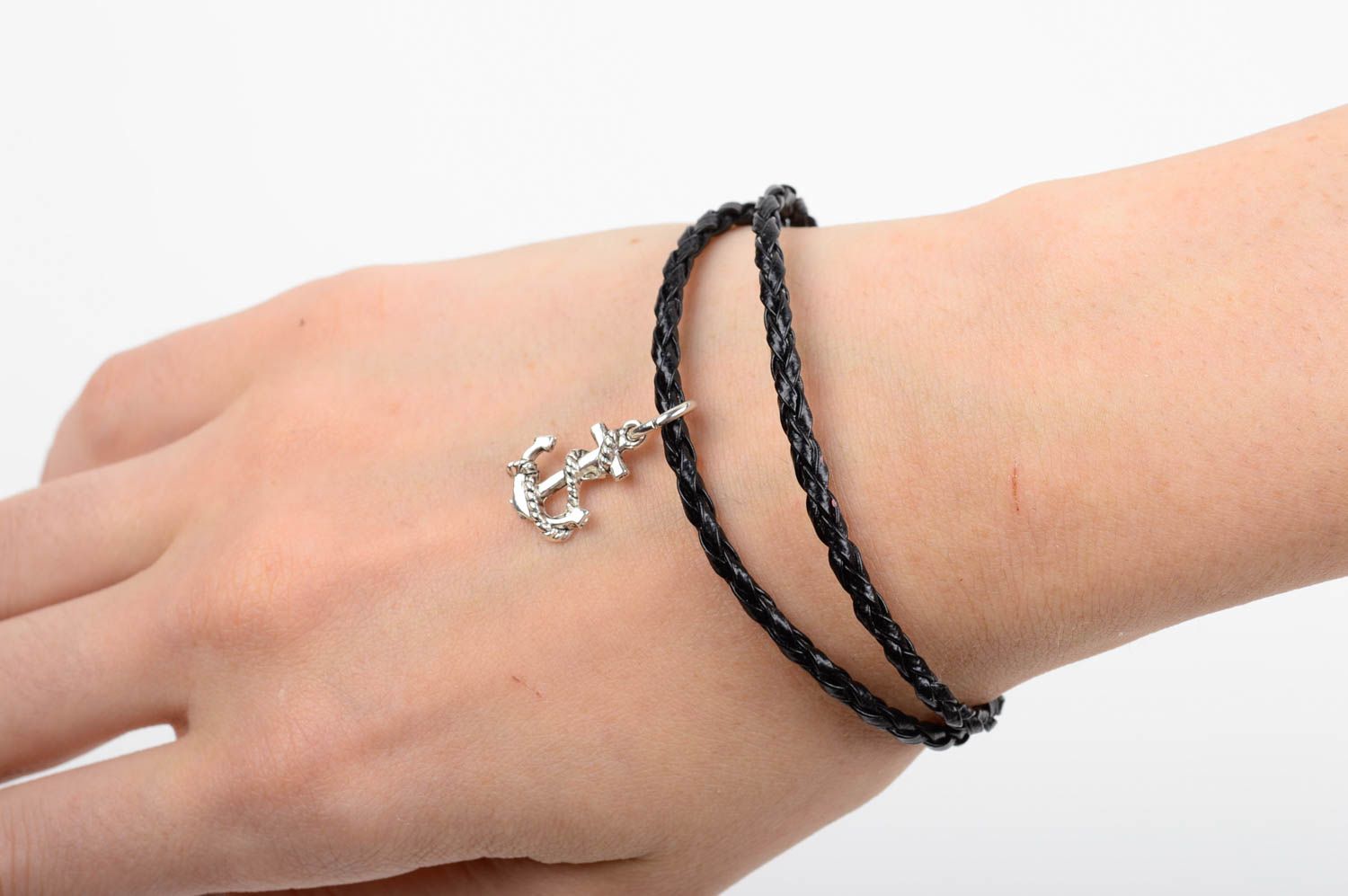 Simple woven black bracelet handmade wrist accessory unusual jewelry with charm photo 3