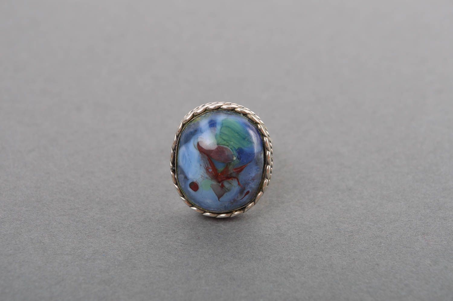Стильное кольцо хэнд мэйд украшение из мельхиора женское кольцо с синим стеклом фото 3