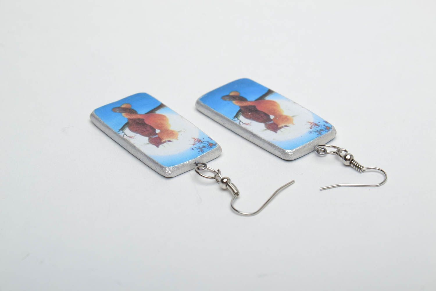 Decoupage wooden earrings of rectangular shape photo 4