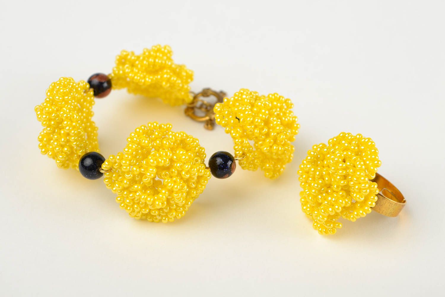 Parure de bijoux Bracelet et bague fait main jaunes perles rocaille Cadeau femme photo 4