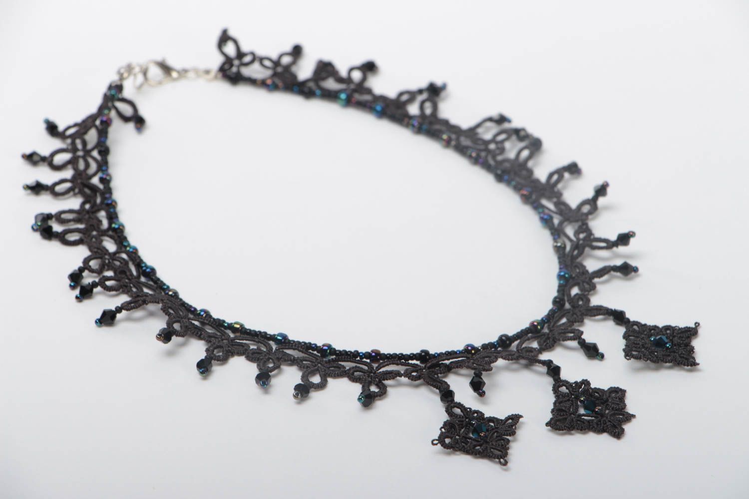 Handmade cotton necklace black festive accessory openwork textile jewelry photo 3