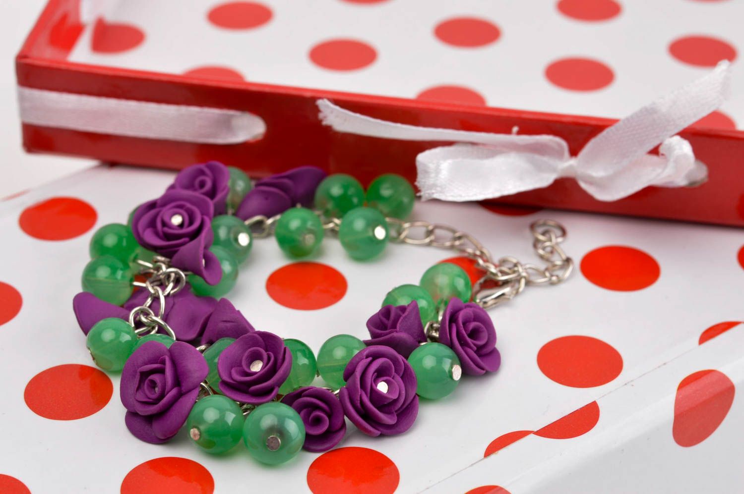 Bracelet floral Bijou fait main pâte polymère perles de verre Cadeau pour femme photo 1