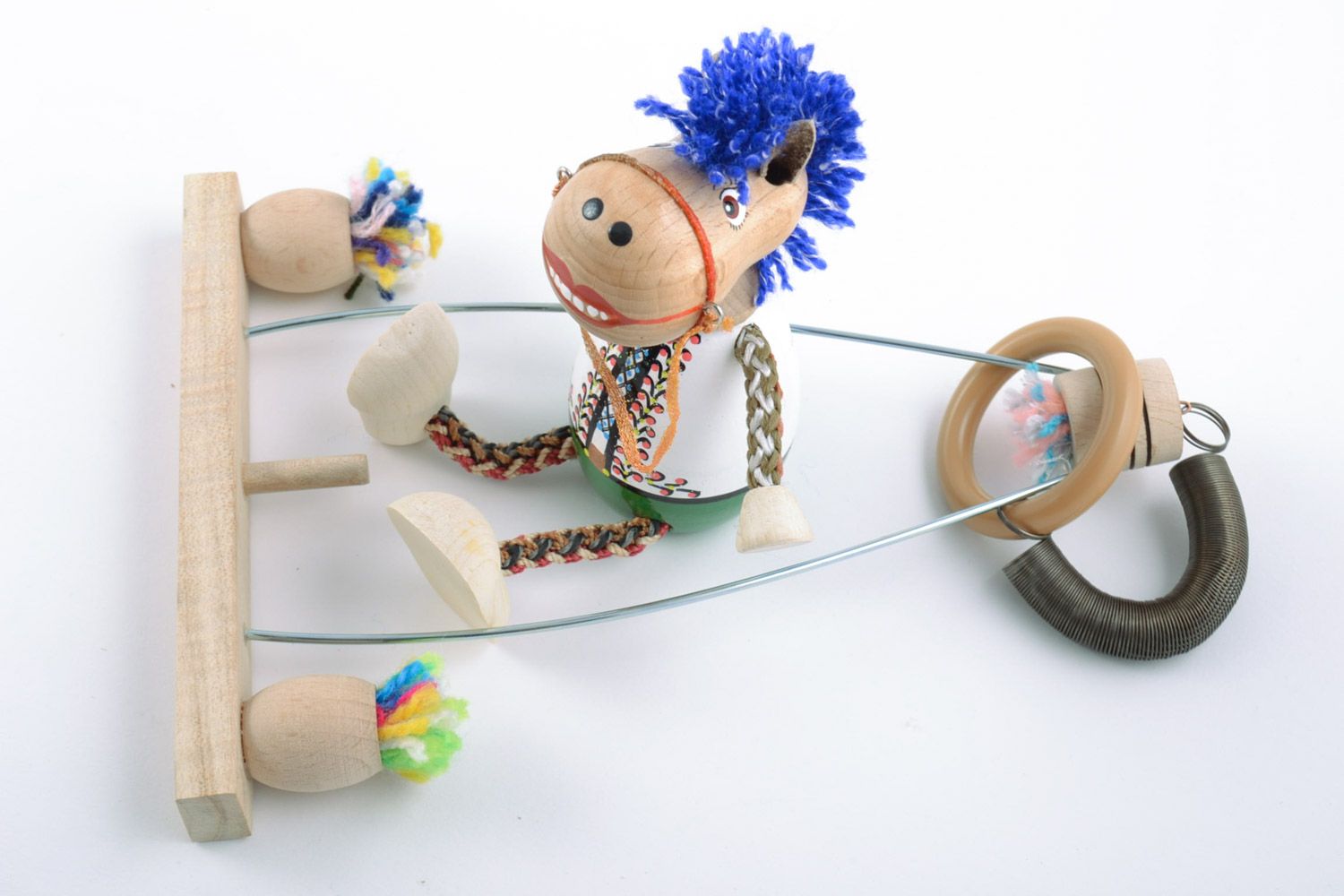 Handmade eco friendly wooden toy horse on a swing funny cute painted doll photo 5