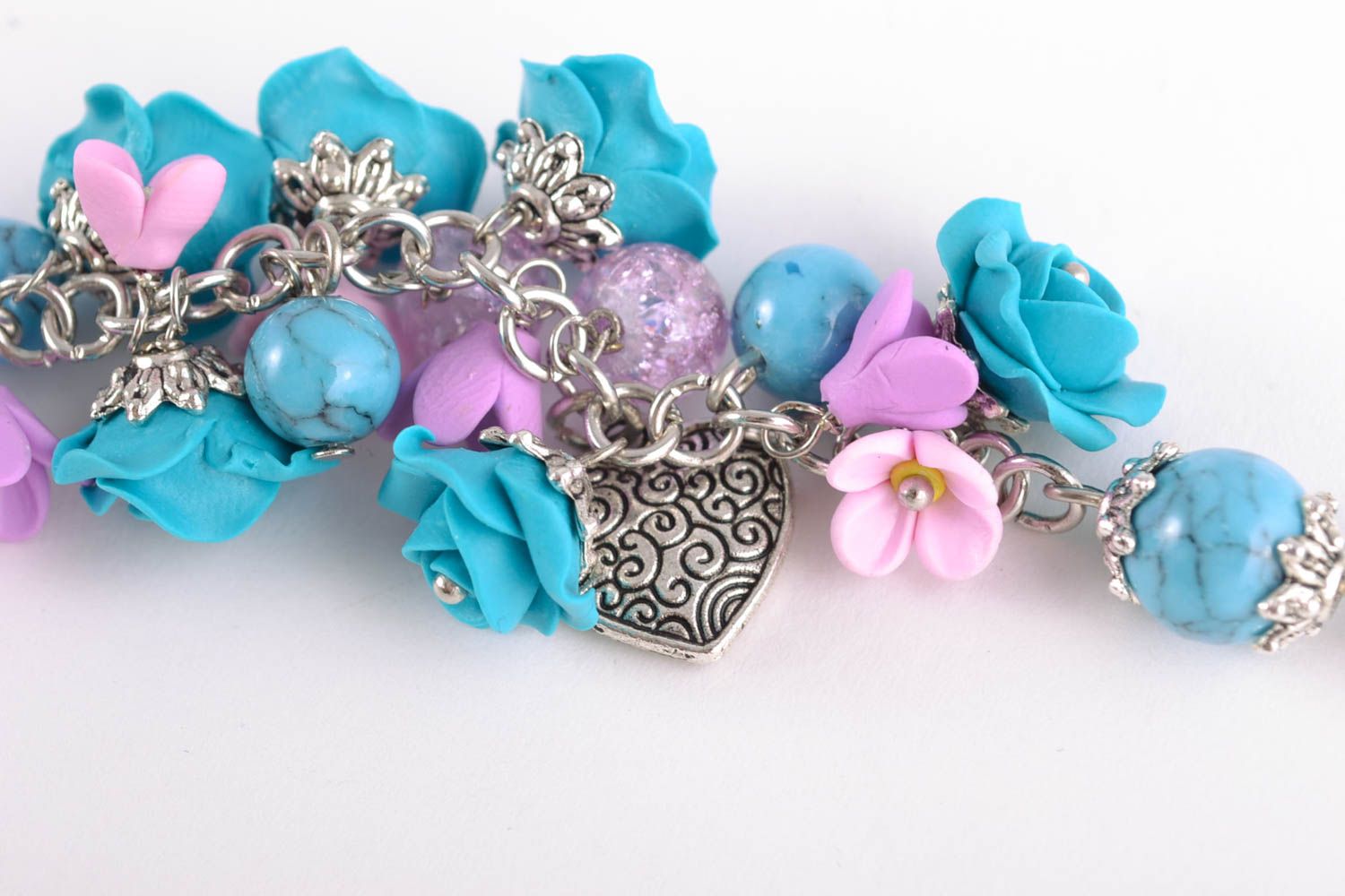 Bracelet fait main de pâte polymère avec fleurs bleues bijou pour femme photo 3