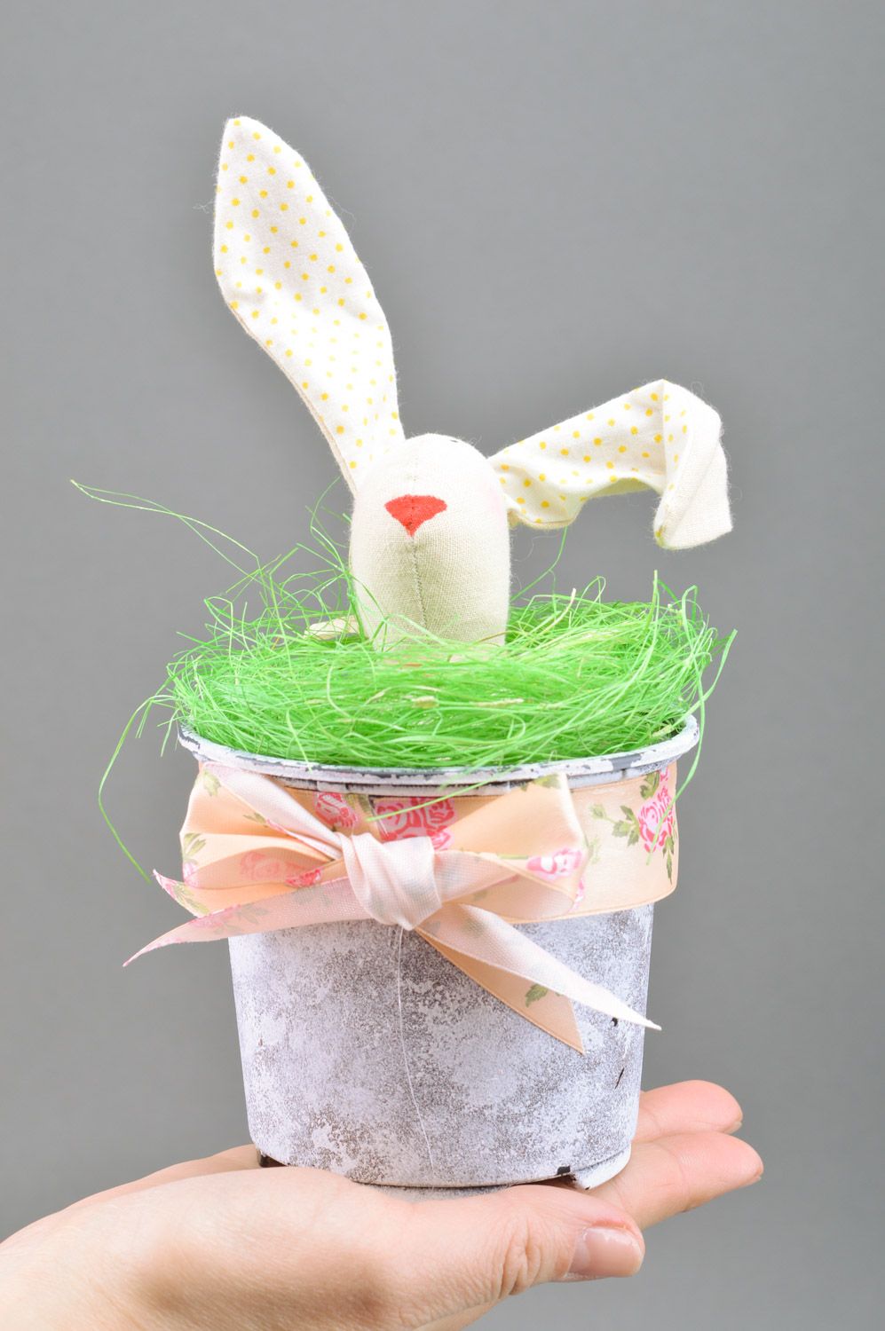 Handmade white Easter rabbit soft toy in pot with green sisal and bow  photo 3