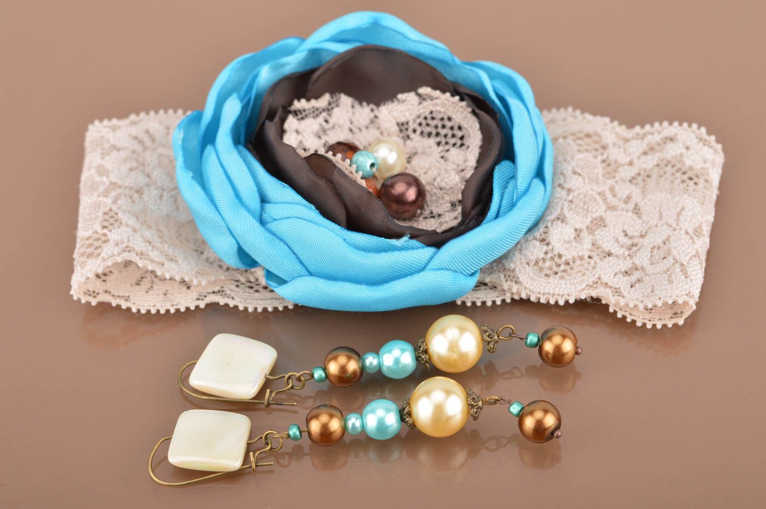 Boucles d'oreilles et bandeau cheveux bleu brun faits main accessoires cadeau photo 2
