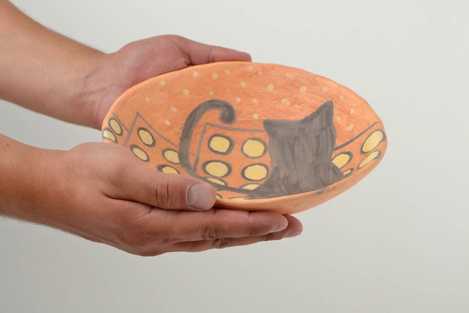 Керамическая тарелка ручной работы глиняная посуда расписная тарелка Кот фото 2