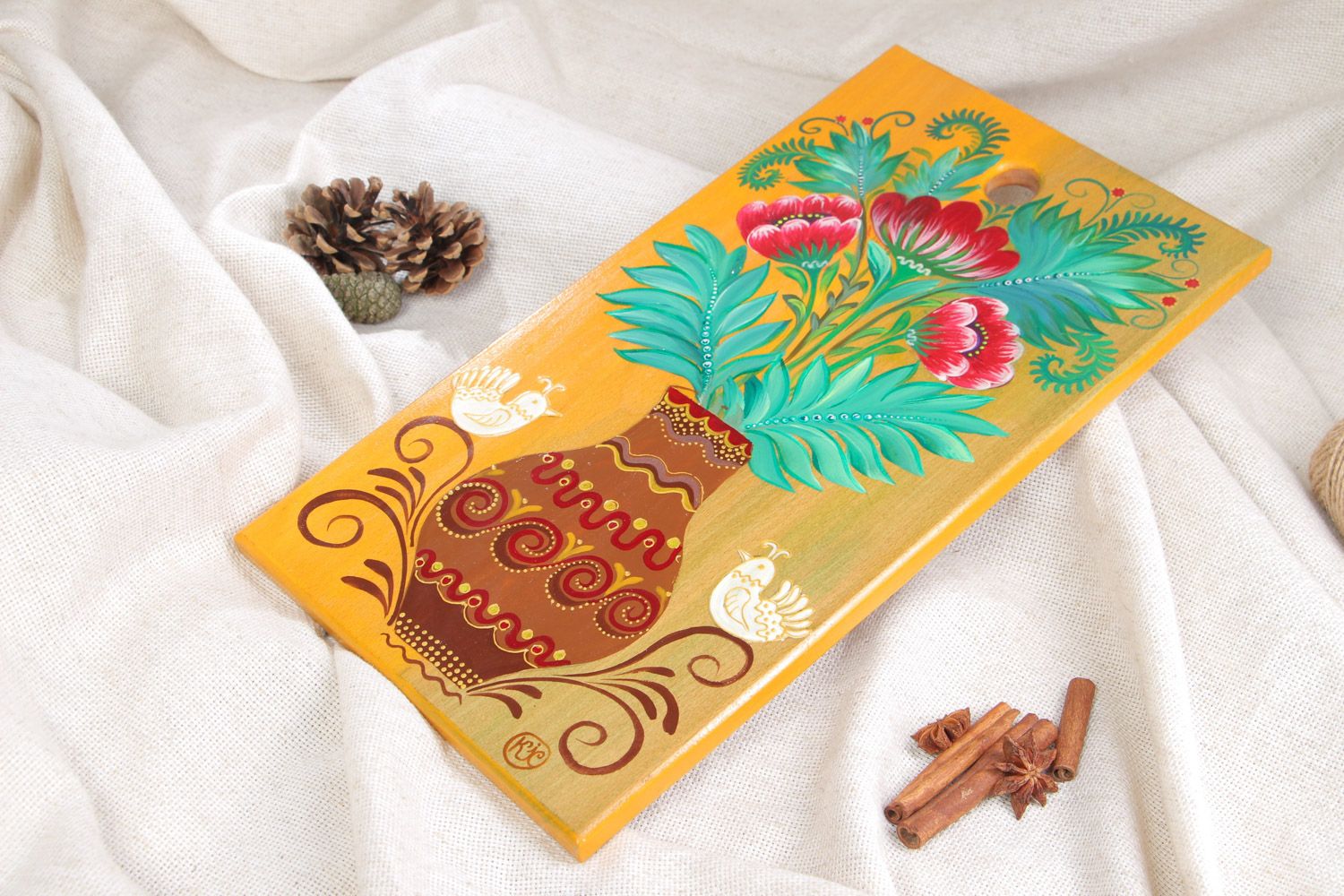 Handmade decorative wooden cutting board with floral painting for kitchen photo 1