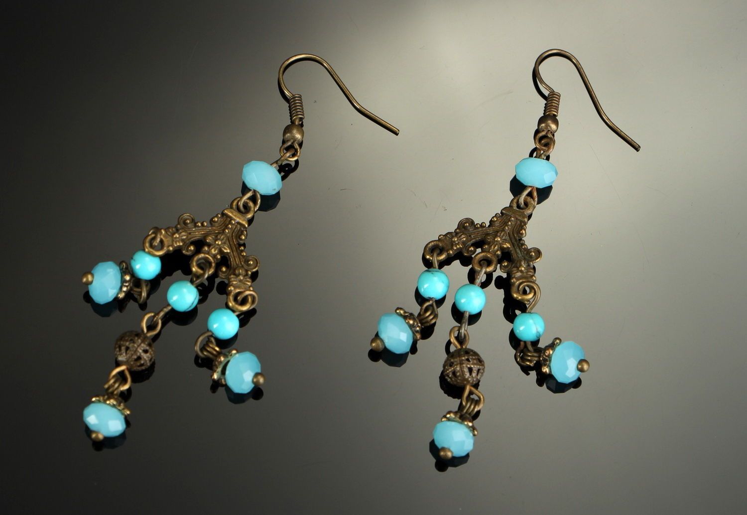 Bronze earrings with crystal and turquoise photo 1