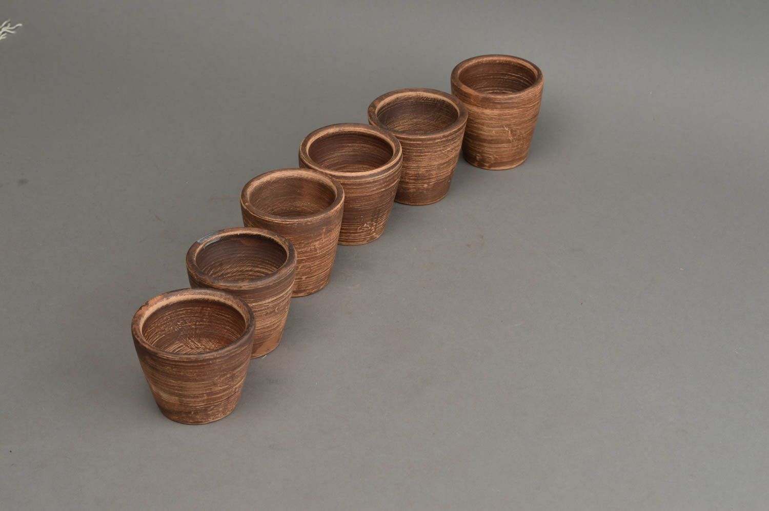 Set of 6 handmade ceramic small designer brown shot glasses in ethnic style photo 4