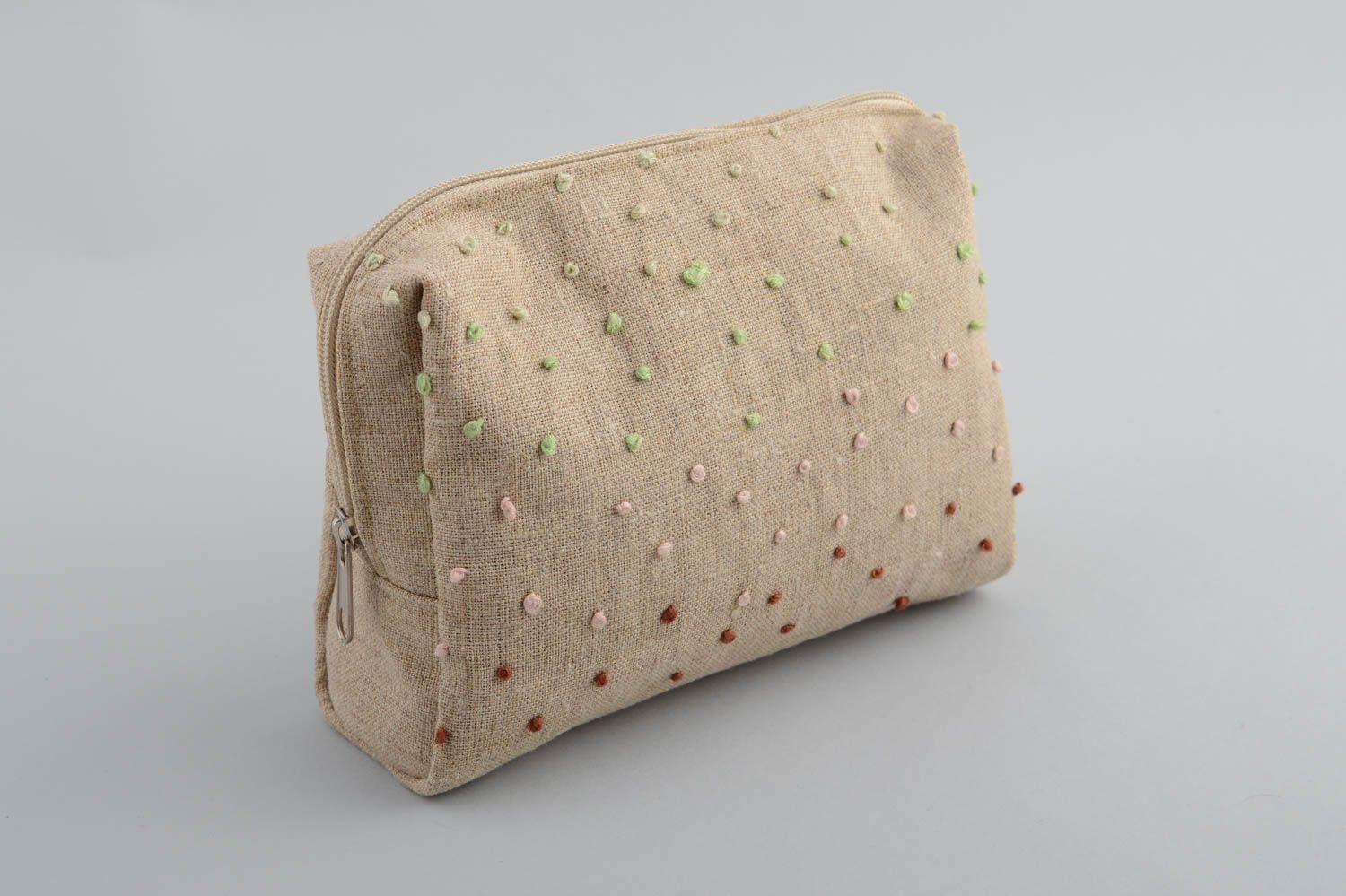Handmade designer gray sailcloth cosmetics bag with embroidered dots and zipper photo 2