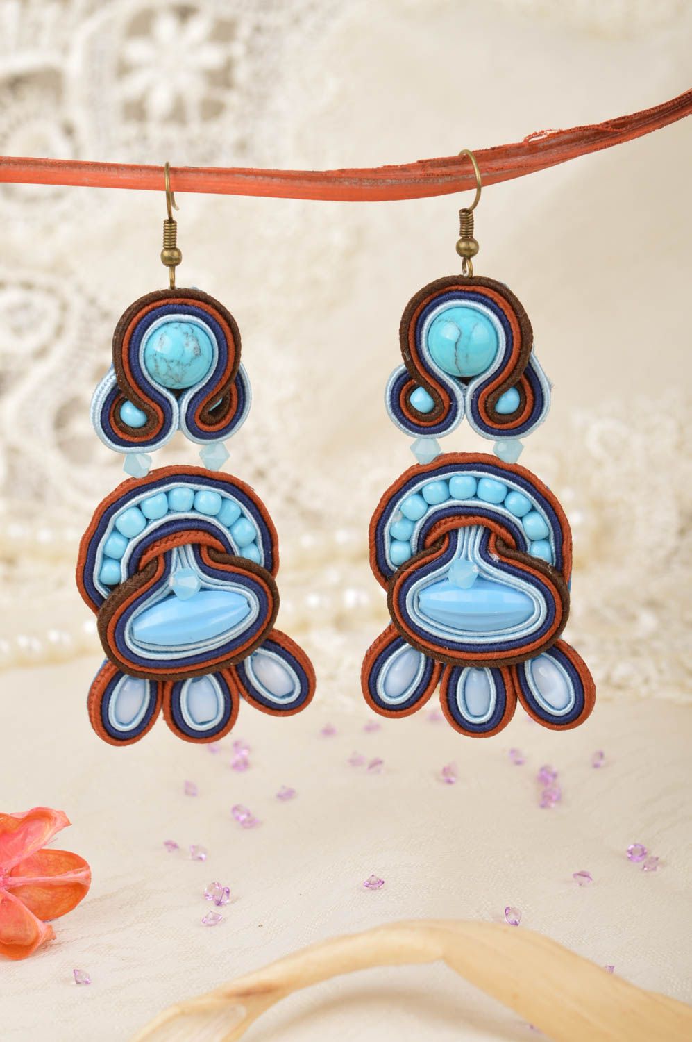 Handmade designer long dangle soutache earrings with beads of turquoise color photo 1