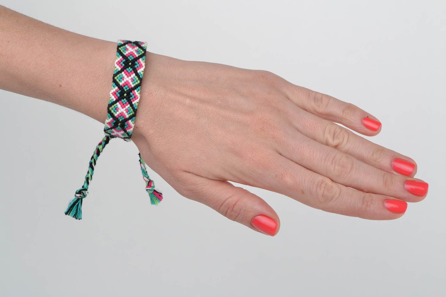 Beautiful bright handmade woven macrame wrist bracelet with ties photo 2