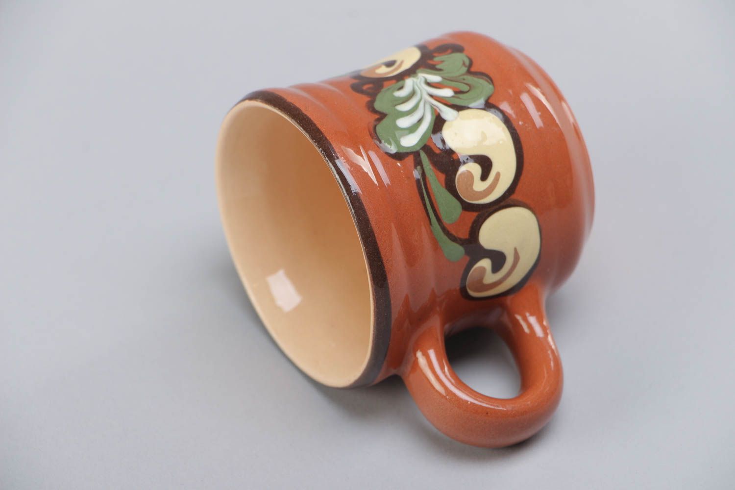 Small red clay 2,5 oz coffee cup with handle and floral pattern photo 4
