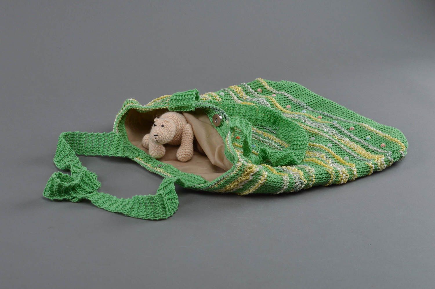 Beautiful handmade women's green crochet shoulder bag with long handles photo 3