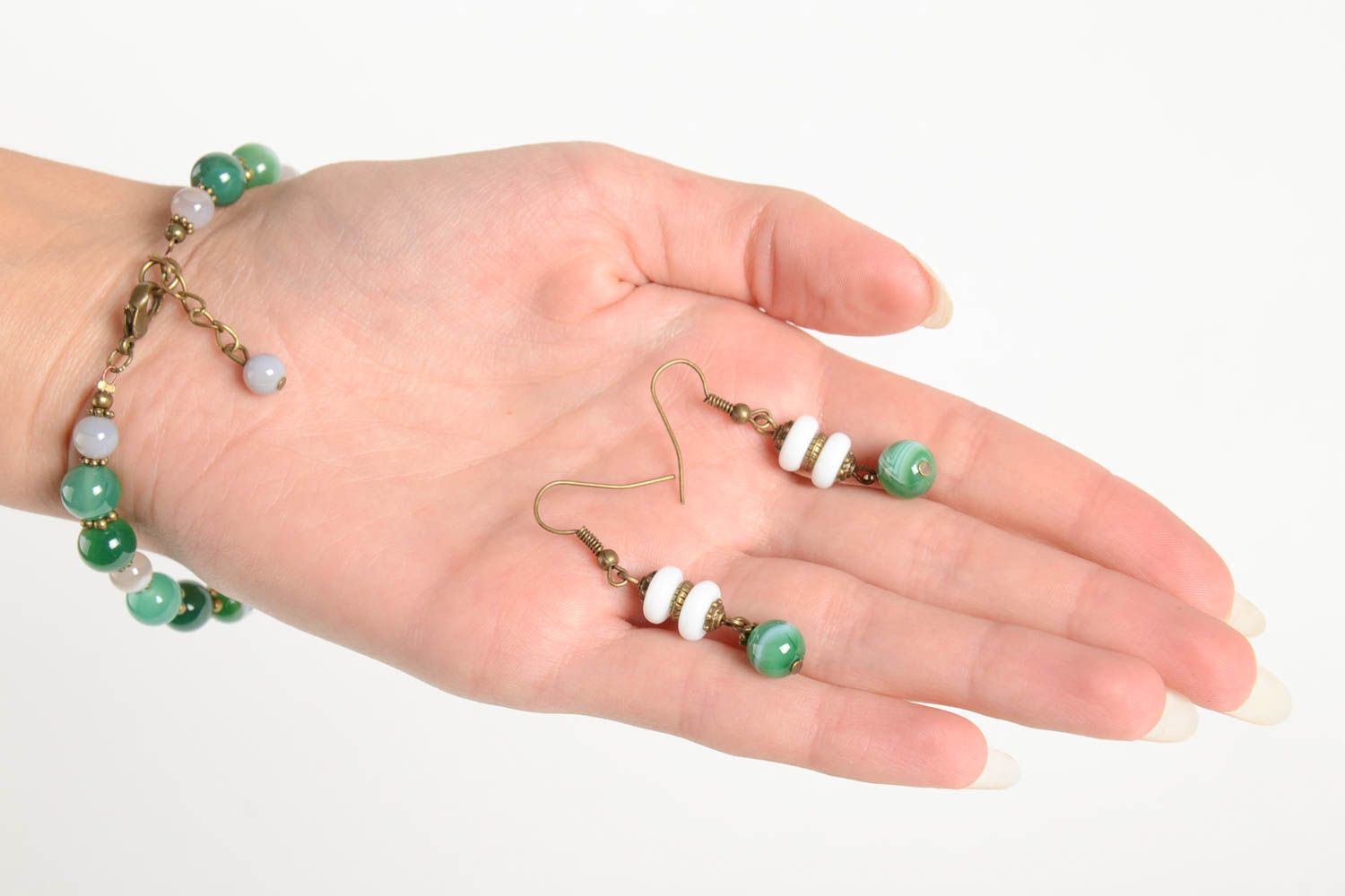 Украшения ручной работы женский браслет серьги из агата комплект аксессуаров фото 3