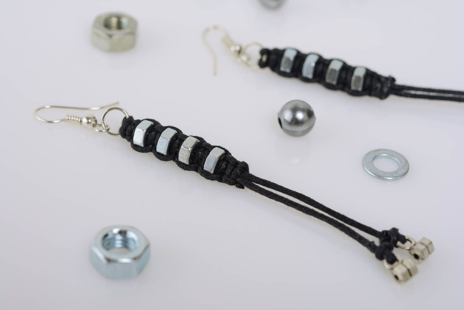 Handmade black designer macrame woven cord earrings with metal nuts photo 2