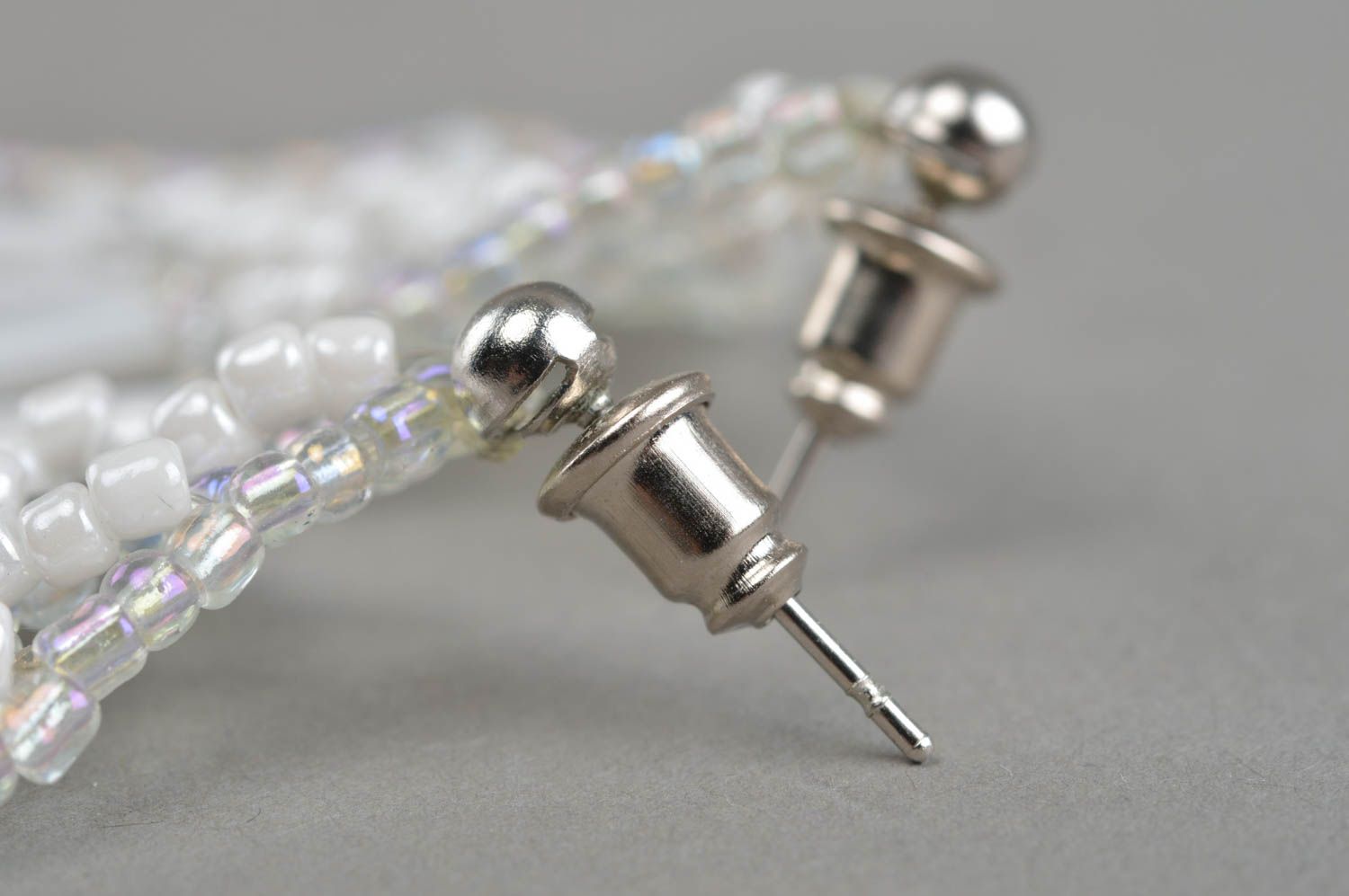 Beautiful white handmade beaded earrings woven earrings with beads gift ideas  photo 4