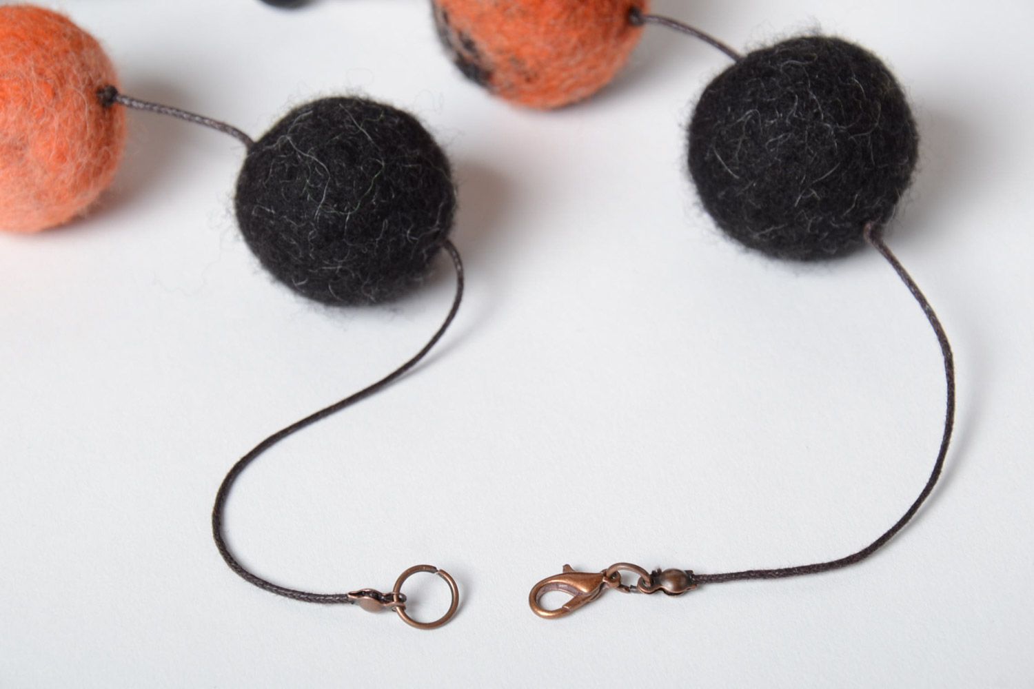 Orange and black handmade large felted wool ball necklace photo 4