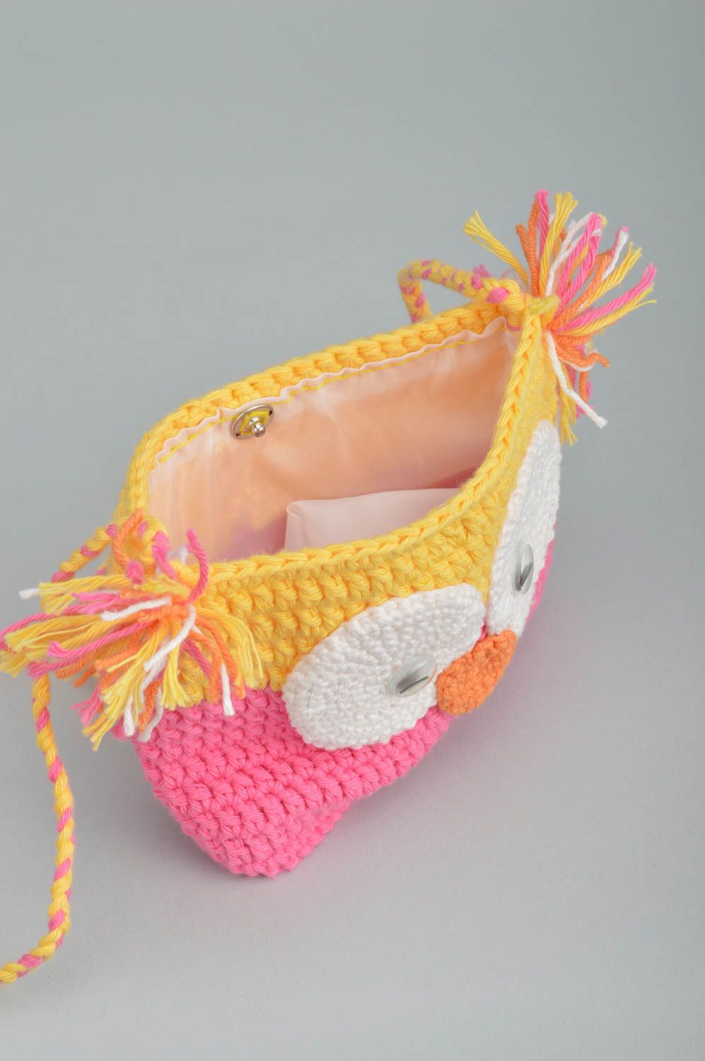 Handmade crocheted beautiful yellow and pink bag for kids in shape of owl photo 5