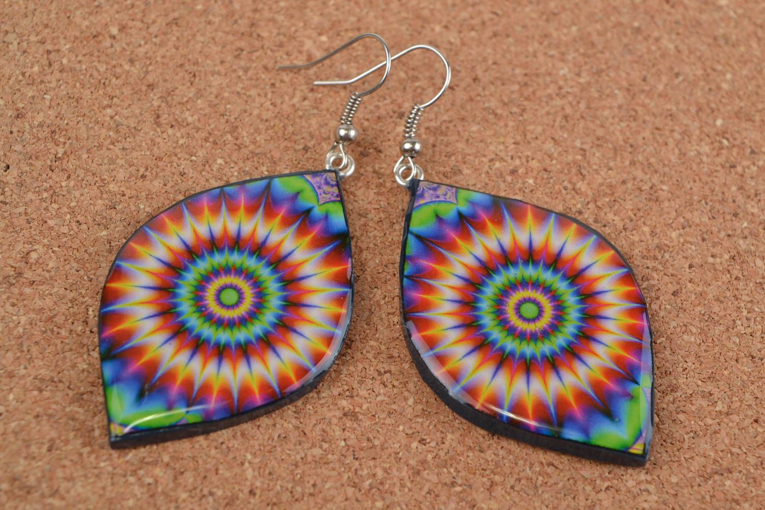 Bright motley handmade designer plastic earrings with decoupage Leaves photo 1