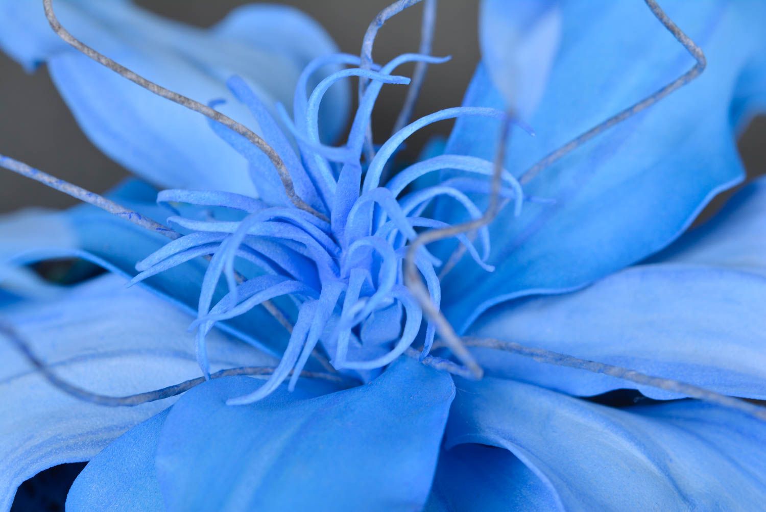 Unusual stylish handmade designer hair clip with blue foamiran flower photo 3