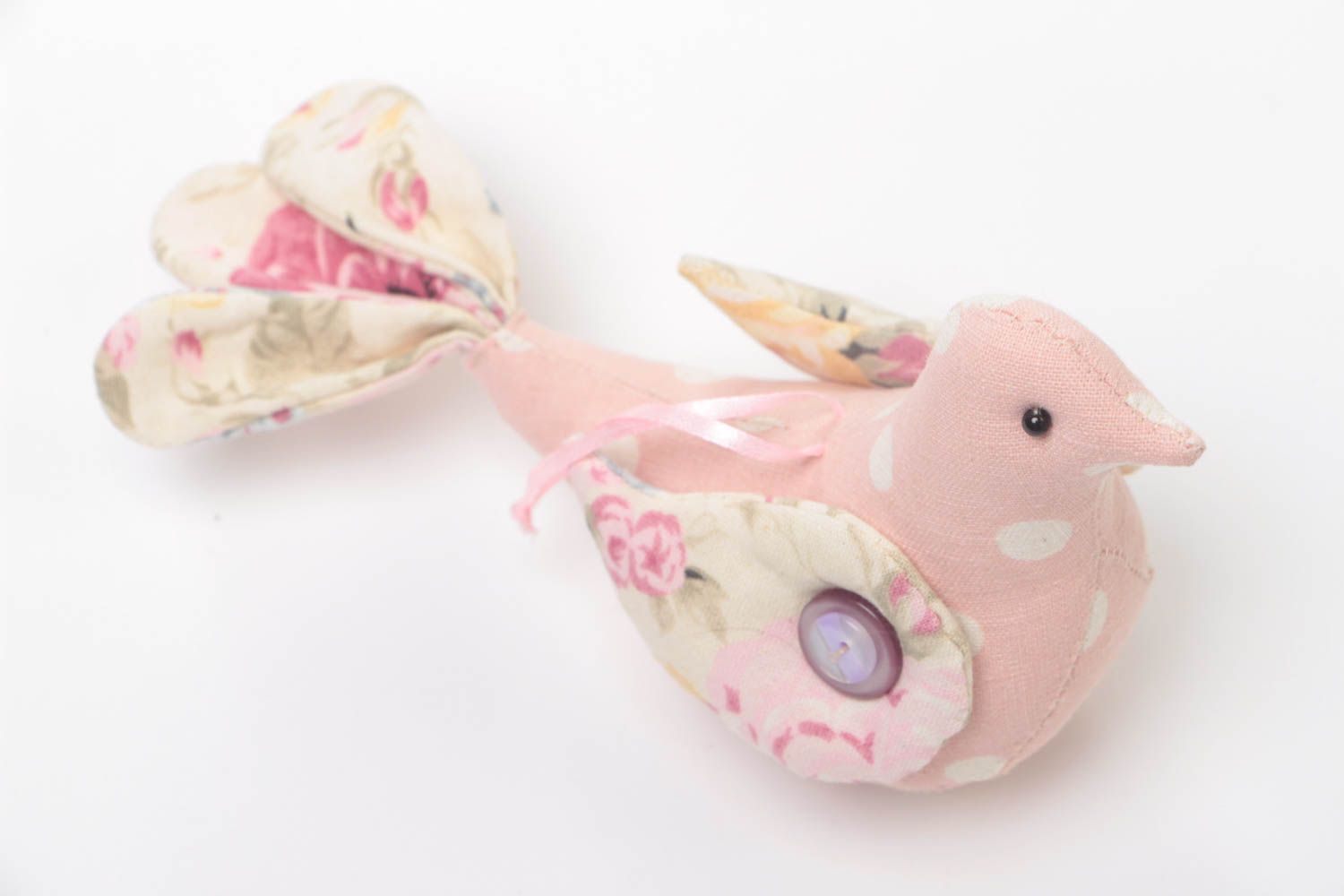 Handmade small fabric toy with eyelet tender pink bird for interior decoration photo 3