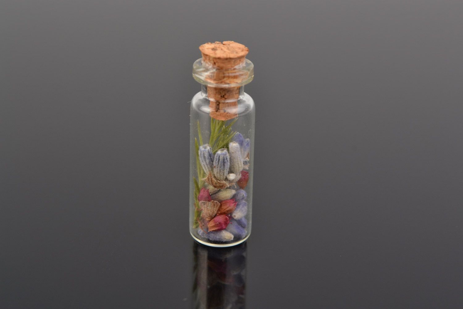 Unusual beautiful handmade small flask pendant with dried flowers inside photo 3