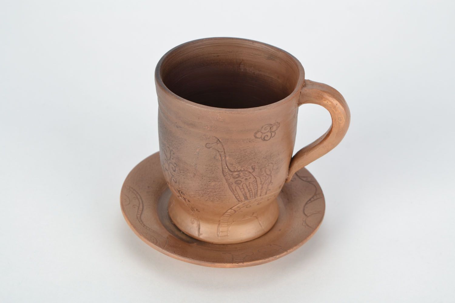 Natural clay drinking cup for a kid with handle and giraffe pattern photo 3