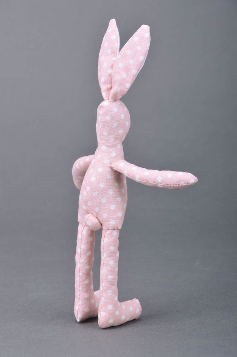Beautiful handmade fabric soft toy hare of pink color with polka dot pattern photo 4