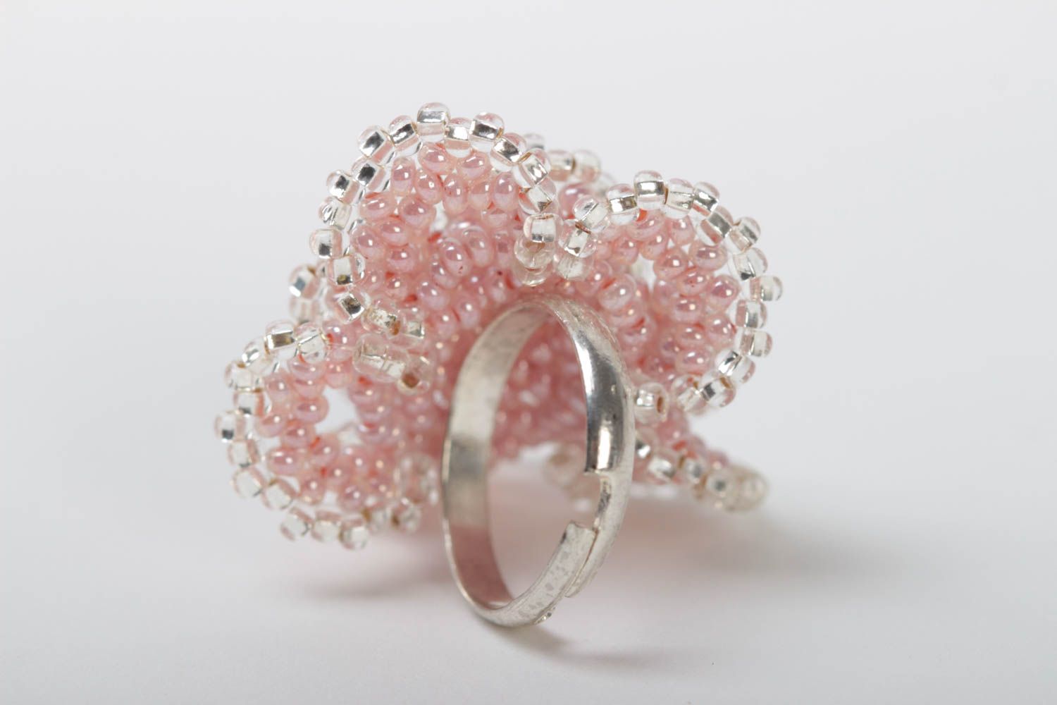 Handmade beaded ring unusual pink accessory for kids cute stylish jewelry photo 3