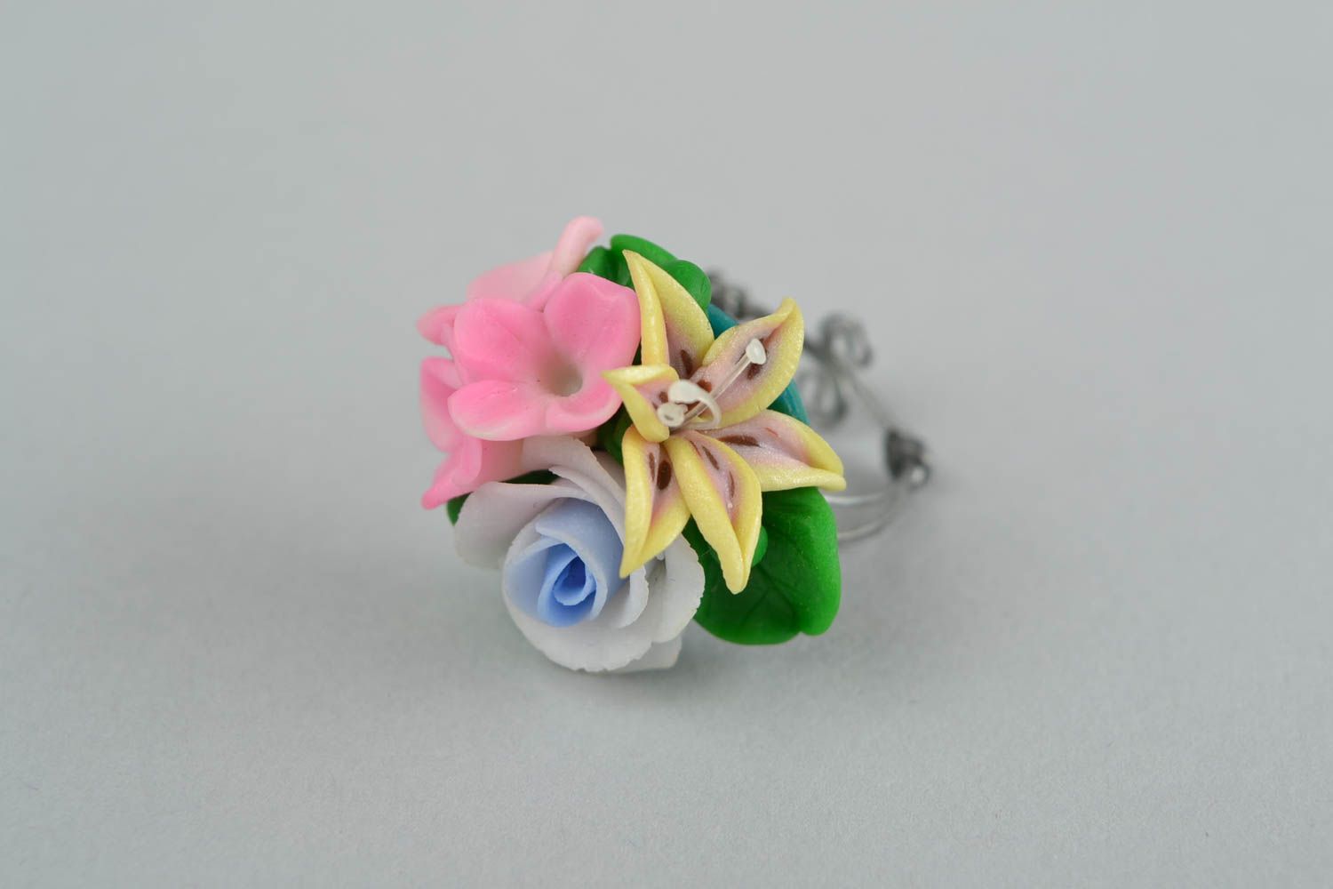Unusual beautiful handmade volume polymer clay flower ring on wire wrap basis photo 1