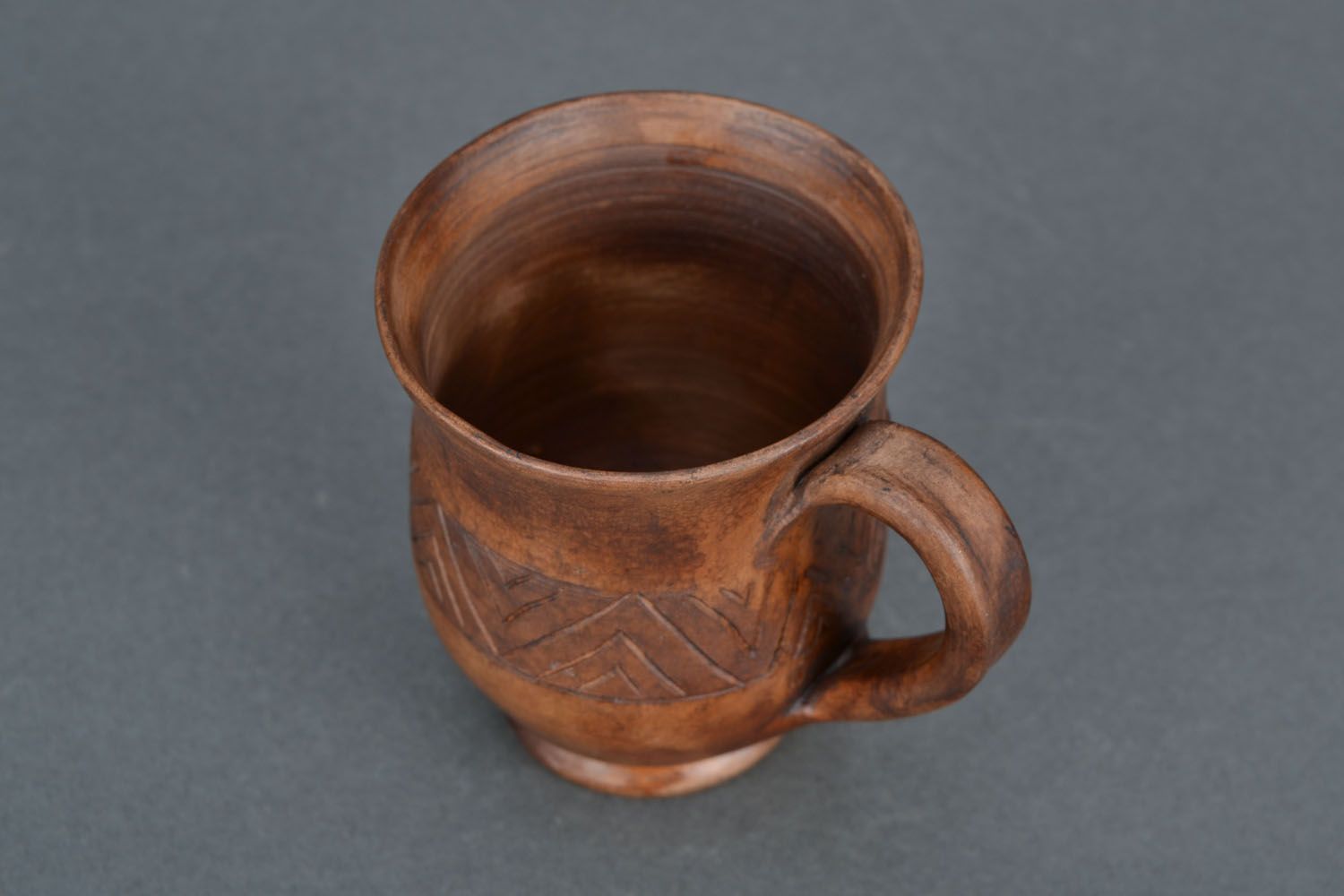 Clay teacup in brown natural color with handle and Greek-style pattern photo 5