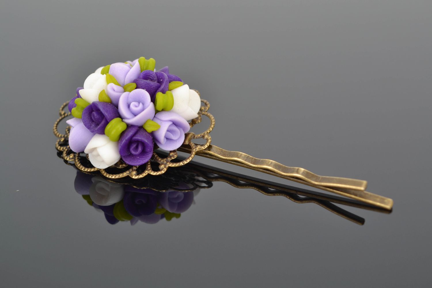Polymer clay invisible hairpin Lilac Roses photo 1