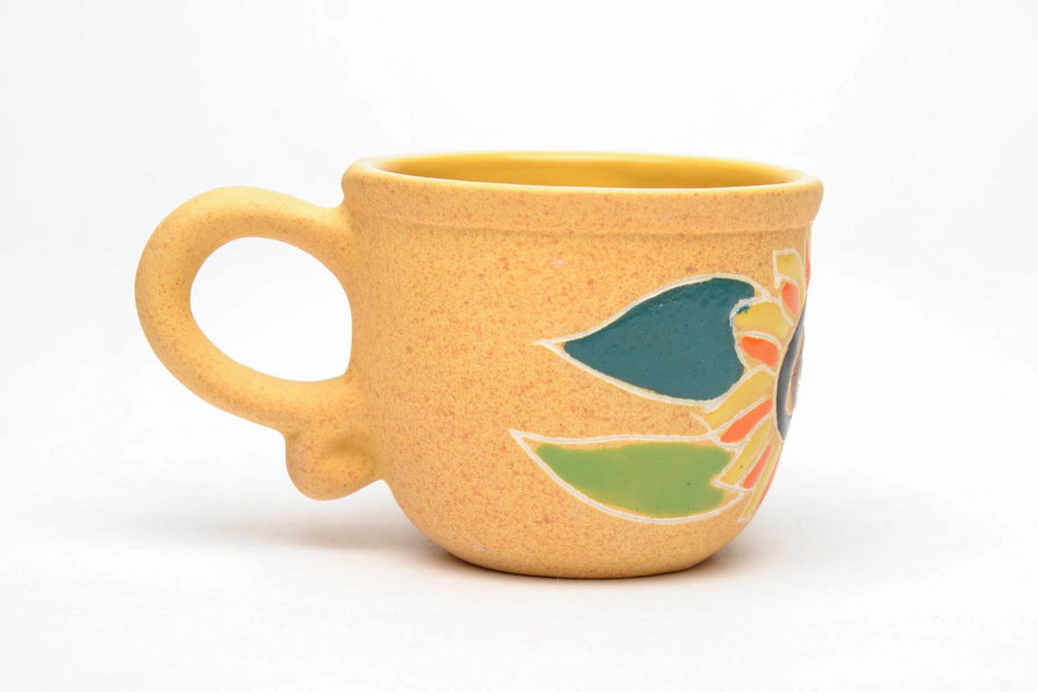 Yellow color clay small 3 oz coffee cup with handle and floral sunflower pattern photo 3