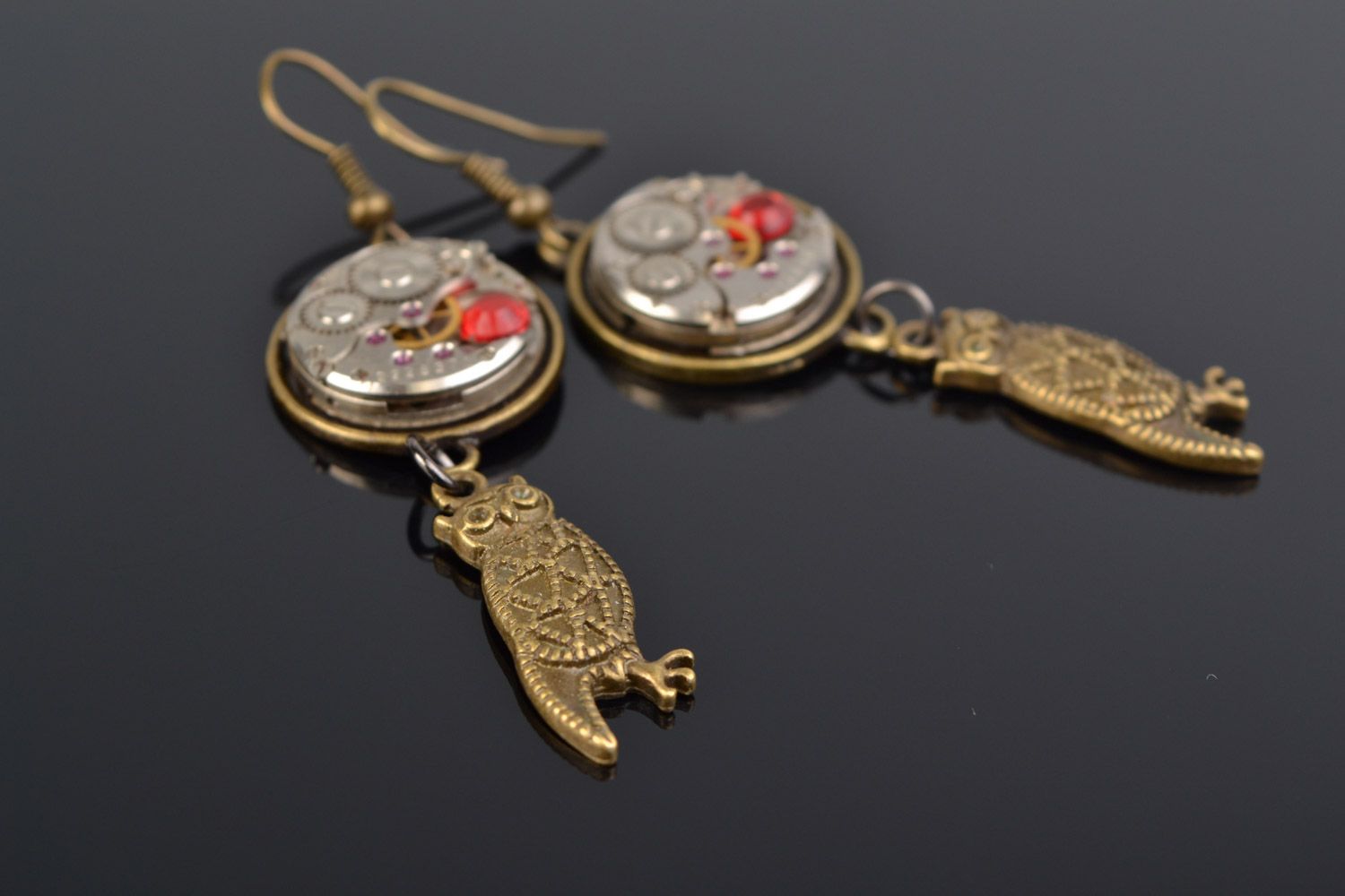 Handmade beautiful long metal dangling earrings with owls in steampunk style photo 1