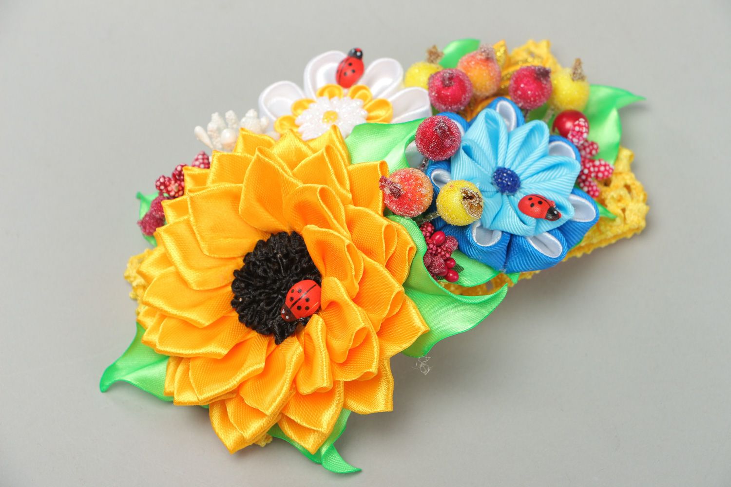 Bright colorful handmade wide elastic headband with artificial flowers photo 1