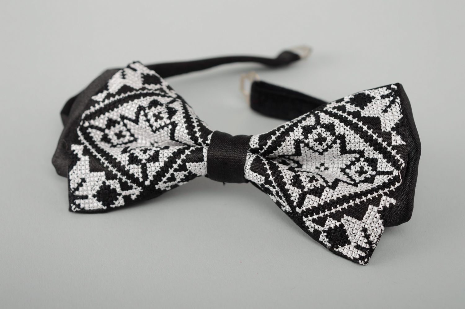 Black bow tie with cross stitch embroidery photo 1