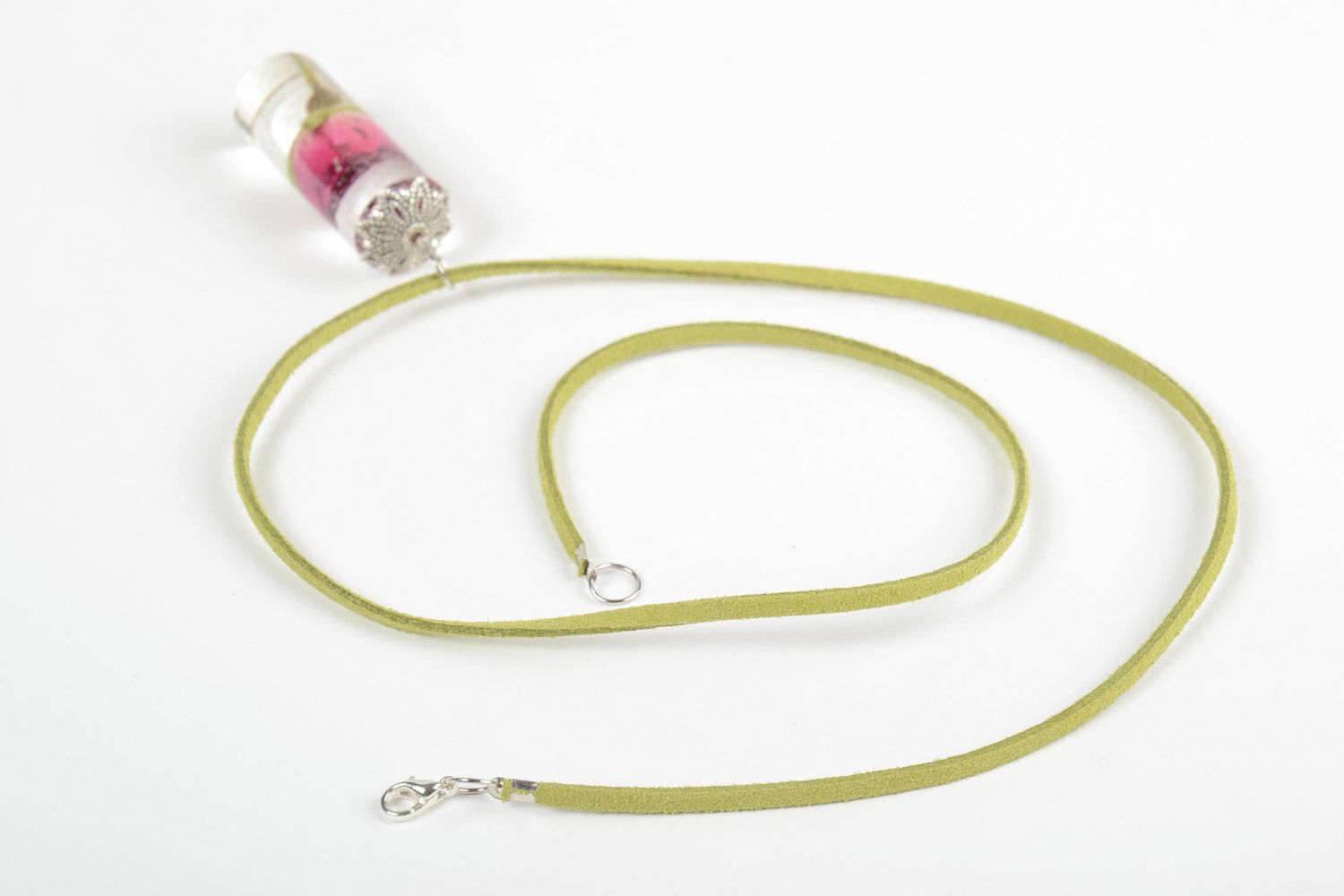Handmade neck pendant on suede cord with real flower coated with epoxy in the shape of cylinder photo 5