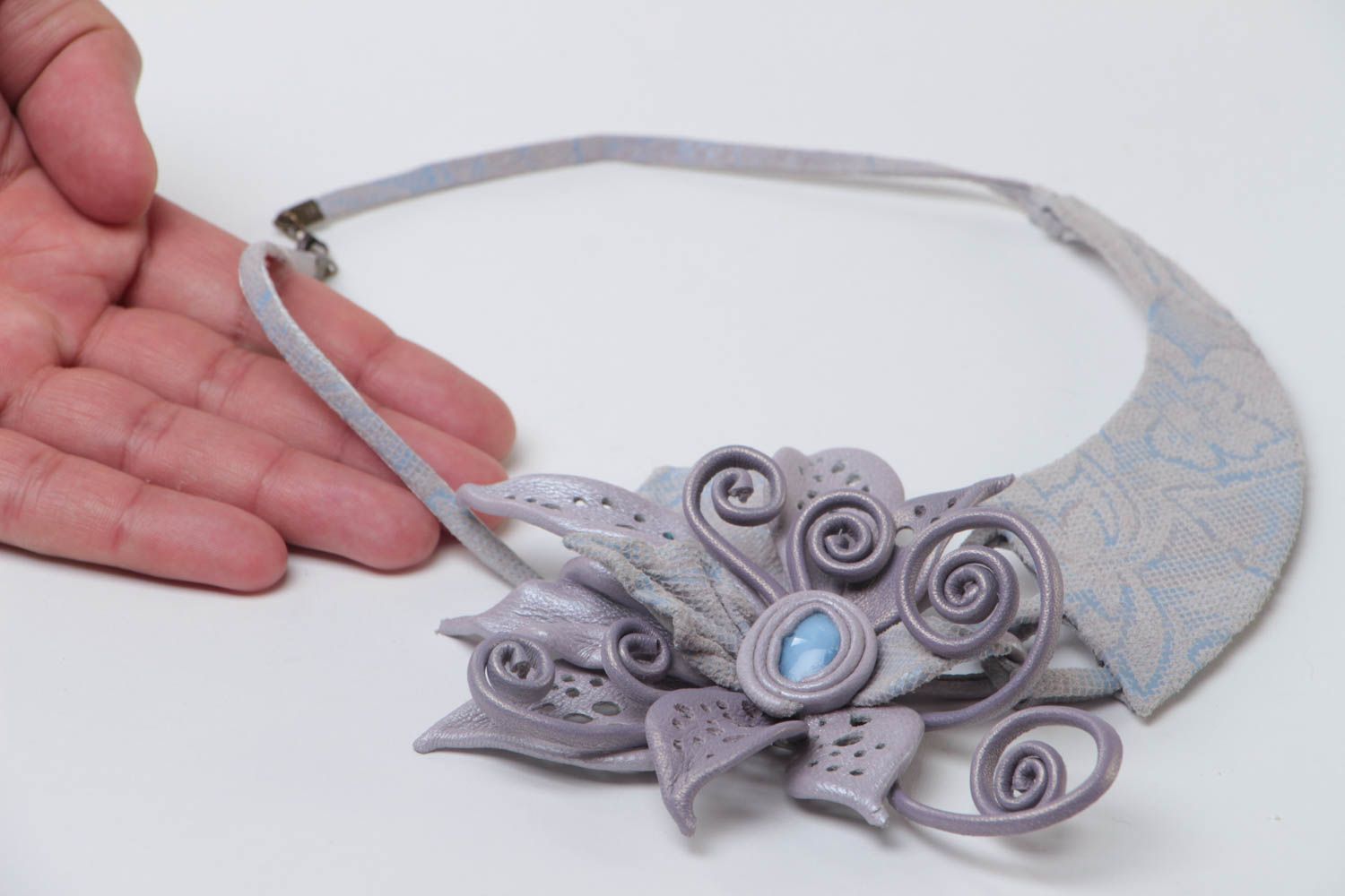 Handmade gray genuine leather flower necklace designer jewelry photo 5