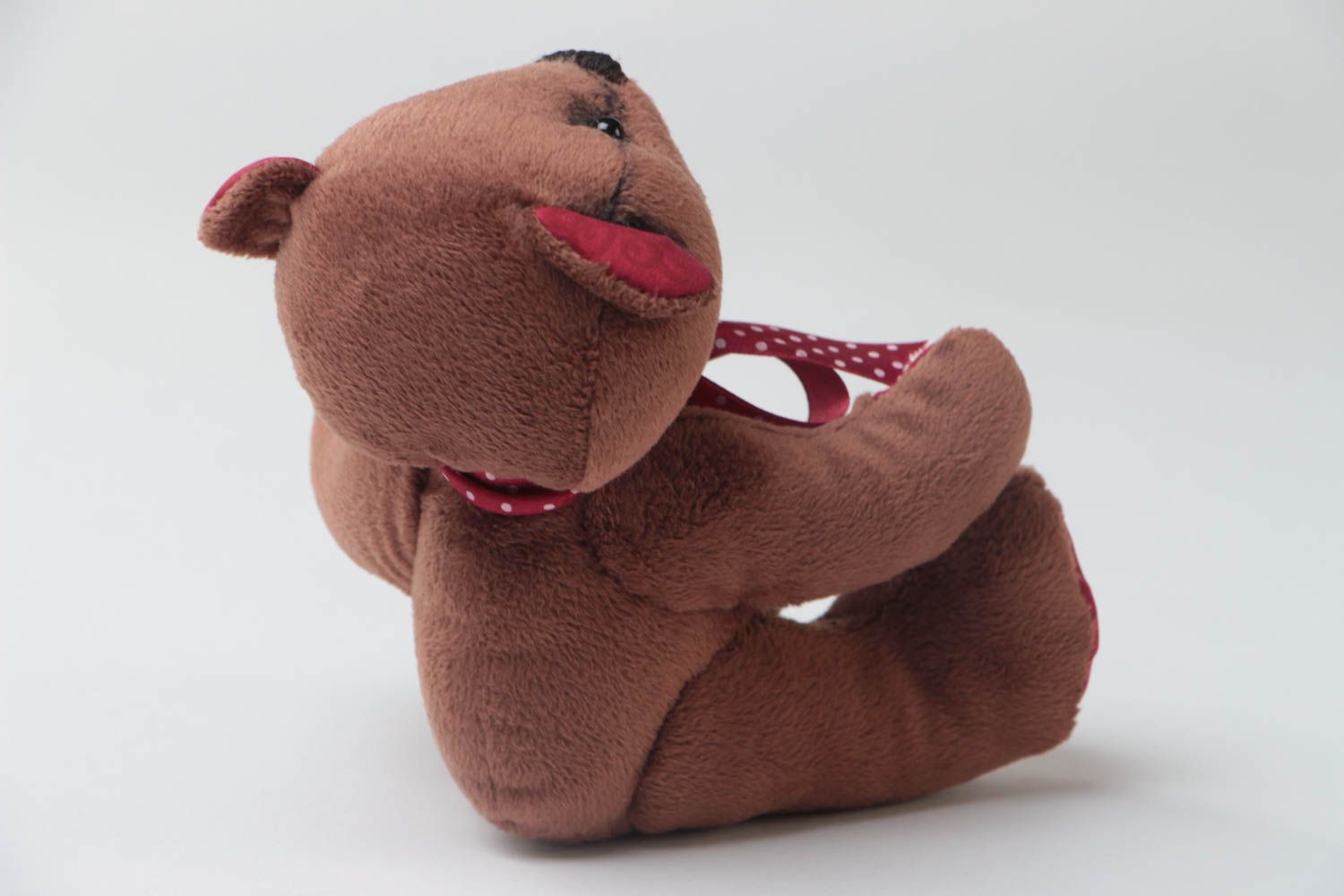 Handmade designer plush soft toy small brown and red bear with bow for children photo 4
