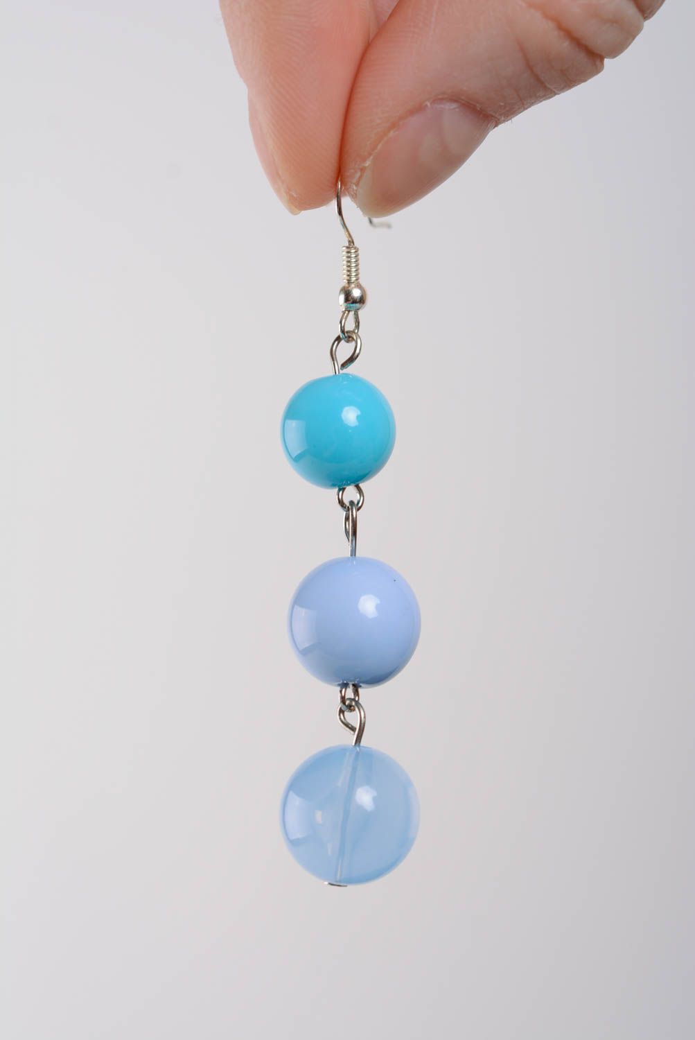 Handmade earrings with plastic beads in blue colors long designer accessory photo 5