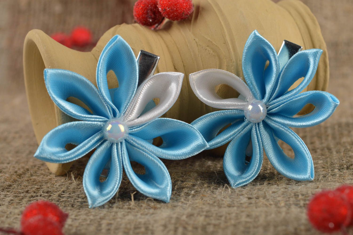 Beautiful handmade textile flower barrette hair clips 2 pieces elegant hair photo 1