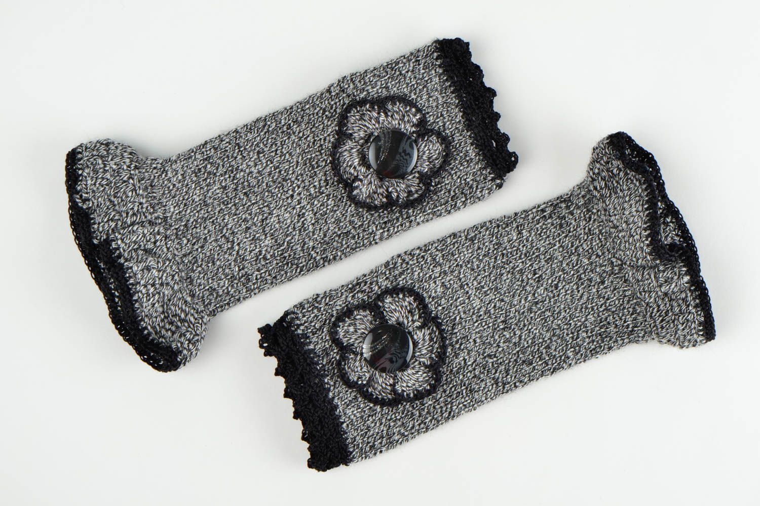 Mitaines tricot fait main Gants mitaines au crochet gris noir Accessoire femme photo 2