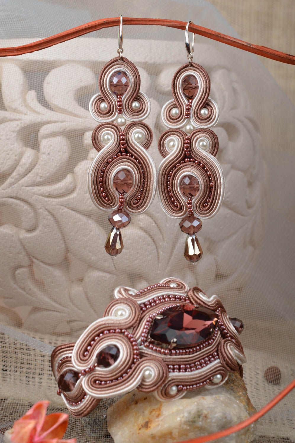 Handmade massive beige bracelet and earrings created using soutache technique photo 1