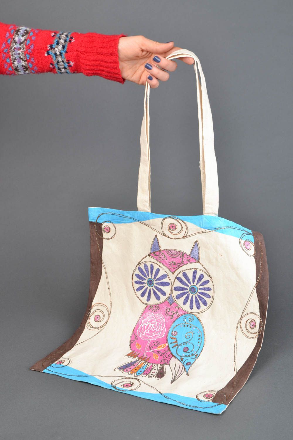Gros sac en tissu de coton original joli multicolore cadeau fait main Hibou photo 1