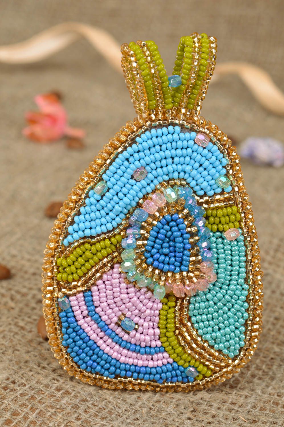 Unusual stylish bright handmade designer woven bead pendant for women photo 1