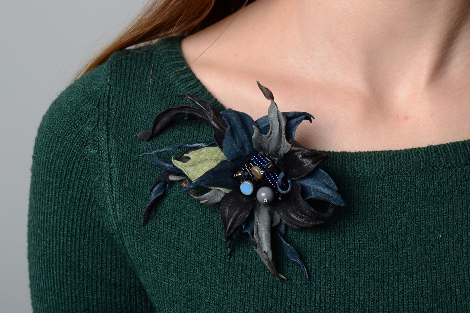 Designer handmade leather brooch in the shape of black flower with beads photo 2