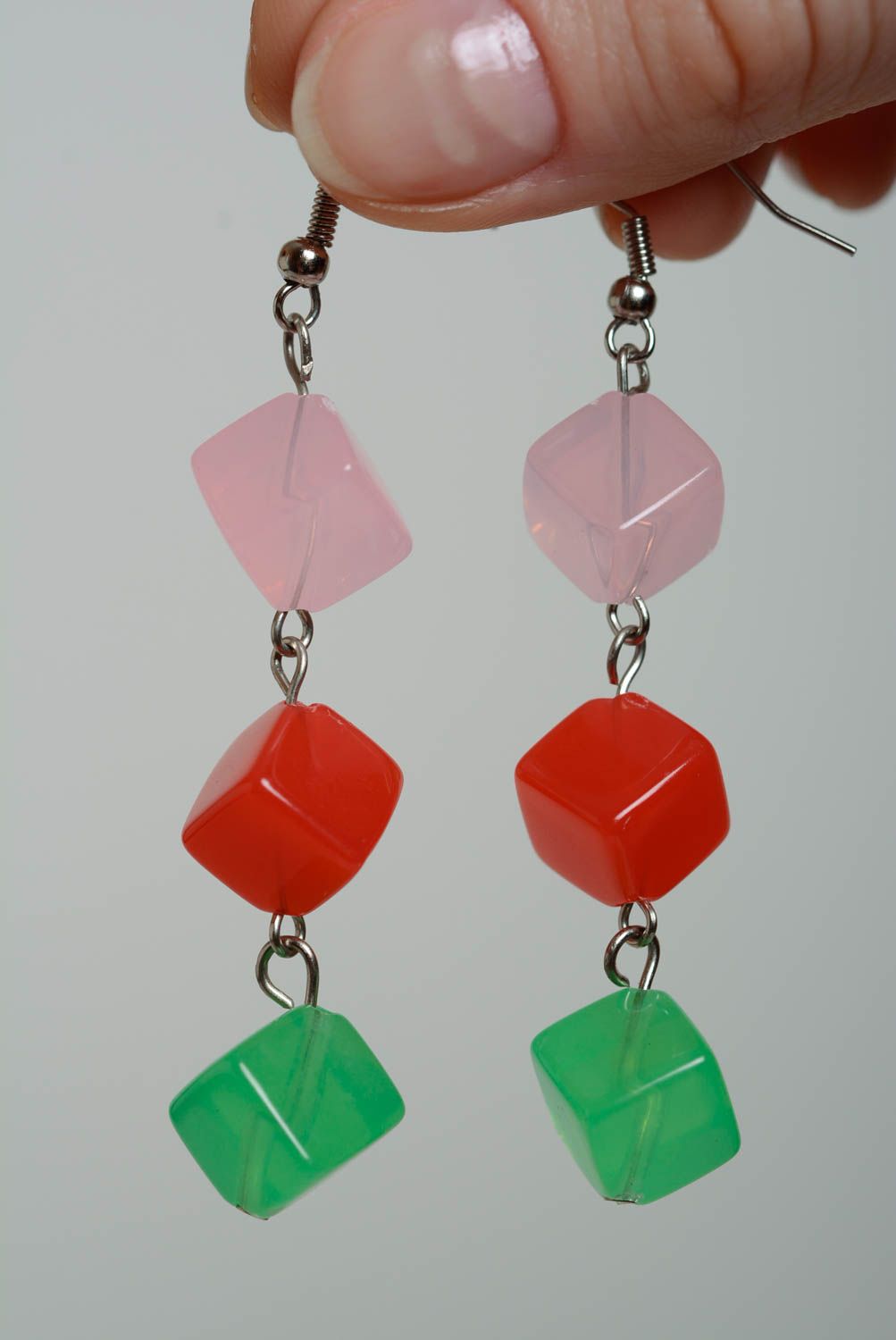 Handmade earrings with plastic beads green pink and red long designer accessory photo 5